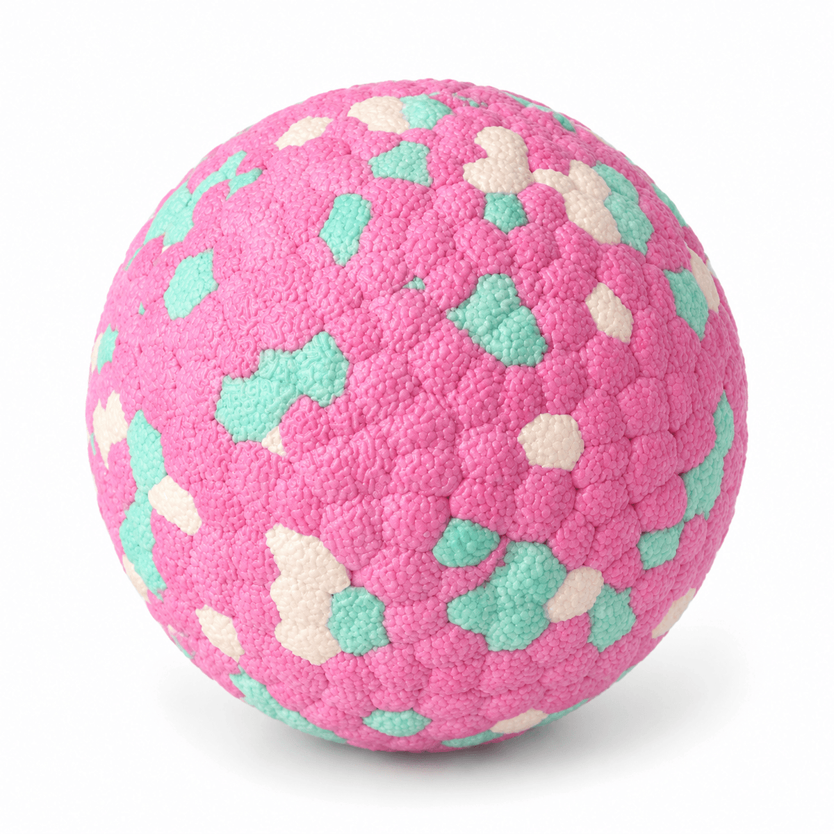 Pink durable dog chew ball with mint and cream speckles on a white background.