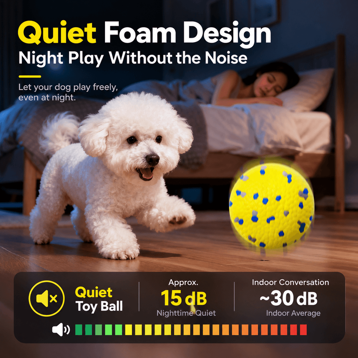 A white poodle playing with the yellow durable dog chew ball at night beside a sleeping owner, with a noise level comparison.