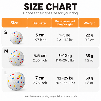 Size chart for the durable dog chew ball in small, medium and large with diameter, recommended dog weight and ball weight.