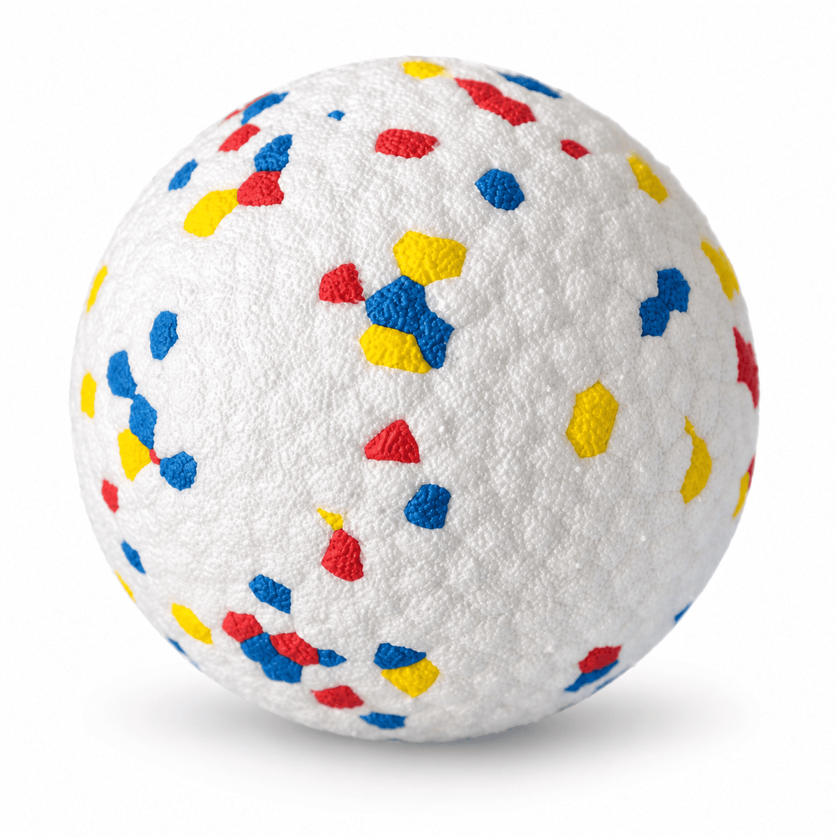 White durable dog chew ball with red, blue and yellow speckles on a white background.