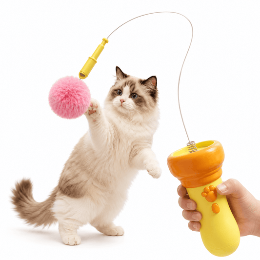 Ragdoll cat standing on its hind legs to swipe at the pink plush ball on the Noblias electric cat wand toy held in a hand