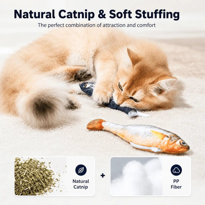 Natural catnip and soft stuffing panel showing a cat lying on the fish beside the catnip and PP fiber fill