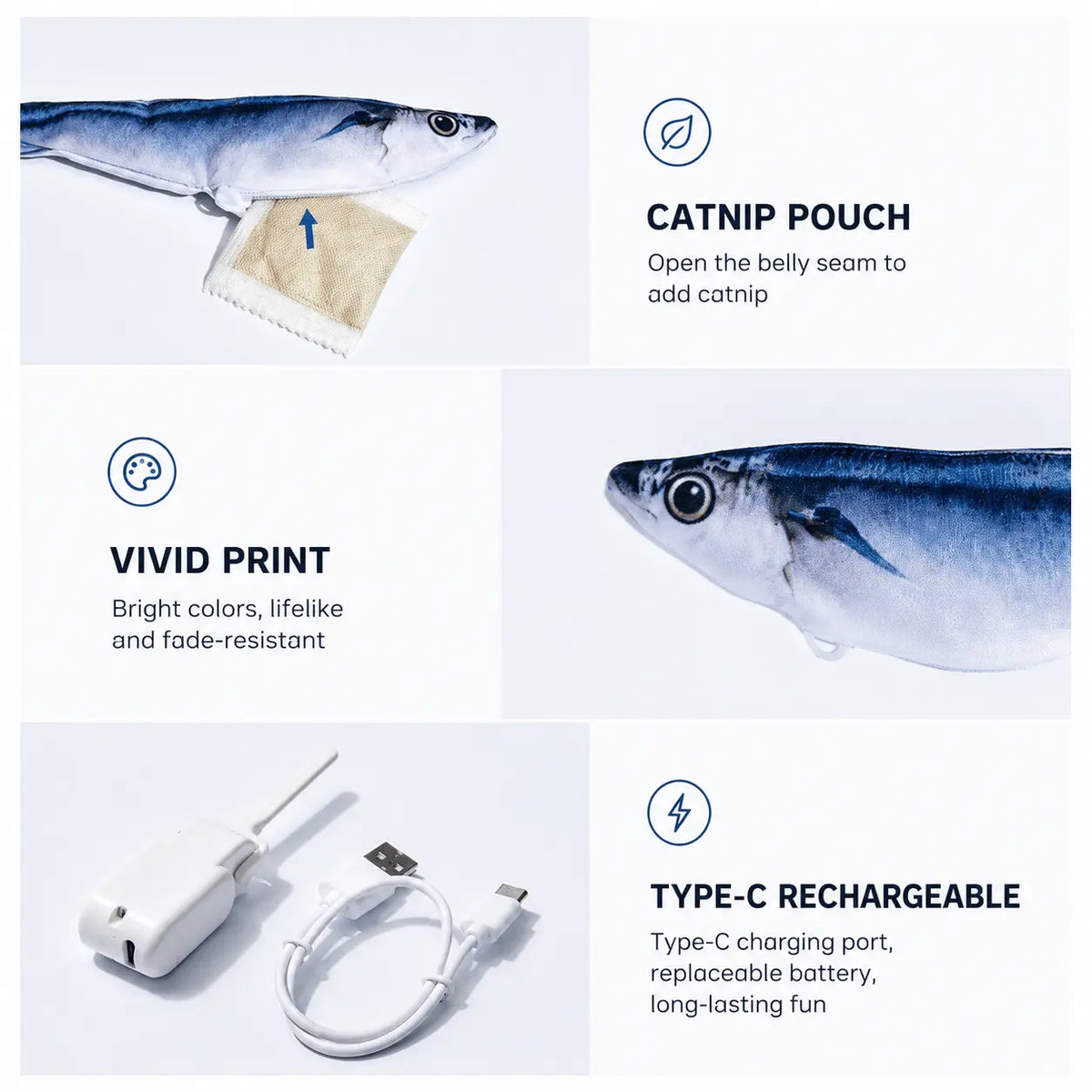 Detail panel showing the catnip pouch reached through the belly seam and the fade-resistant fish print