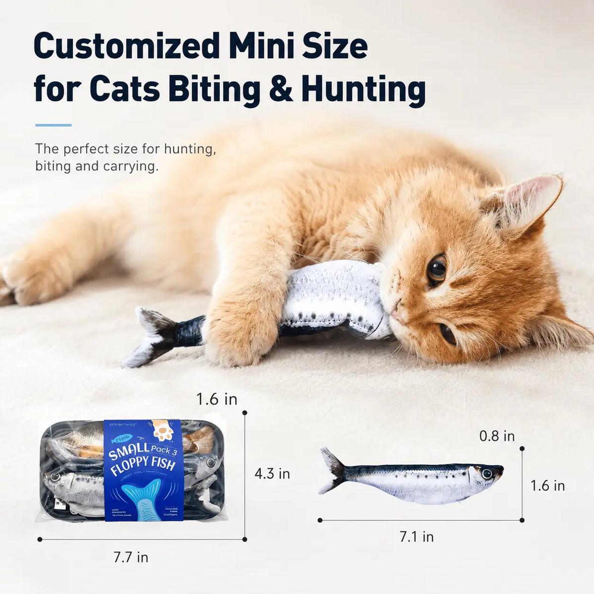 Mini size panel giving the 7.1 inch fish length and the 7.7 by 4.3 inch pack, with a cat biting one
