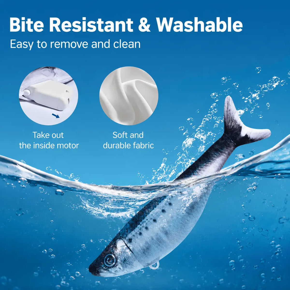 Bite resistant and washable panel showing the motor being taken out of the fish and the soft durable fabric cover