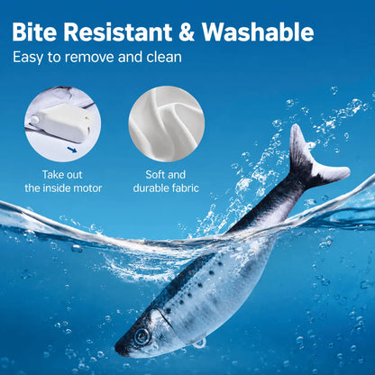 Bite resistant and washable panel showing the motor being taken out of the fish and the soft durable fabric cover