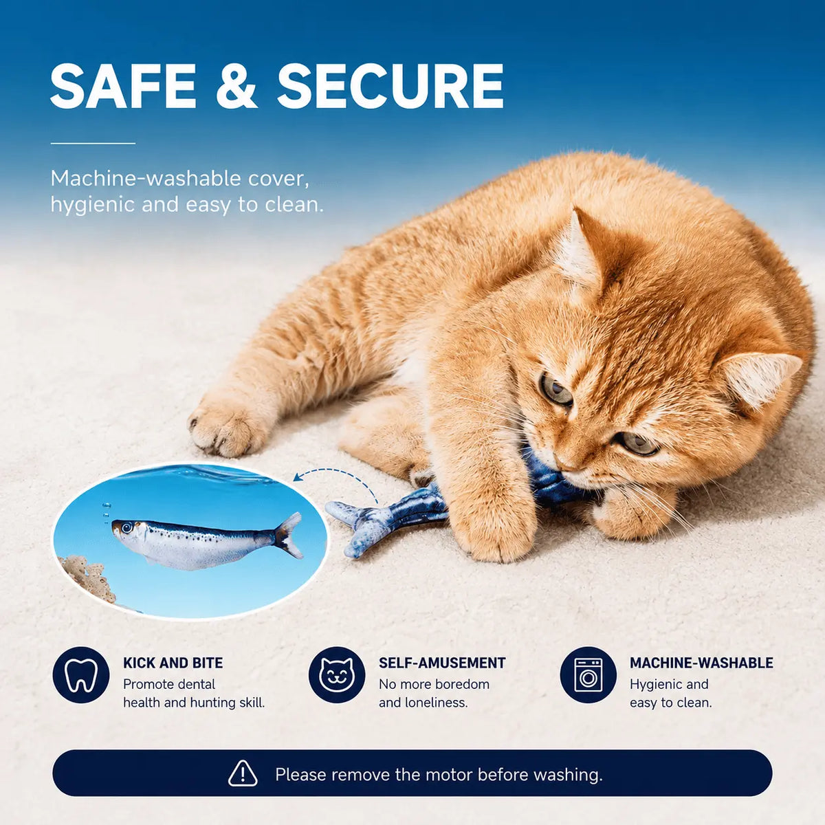 Safe and secure panel showing a ginger cat kicking the fish, with kick and bite, self-amusement and machine-washable callouts