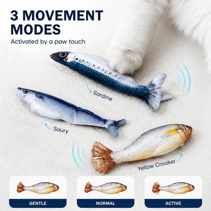 Movement modes panel naming the sardine, saury and yellow croaker fish and the gentle, normal and active settings