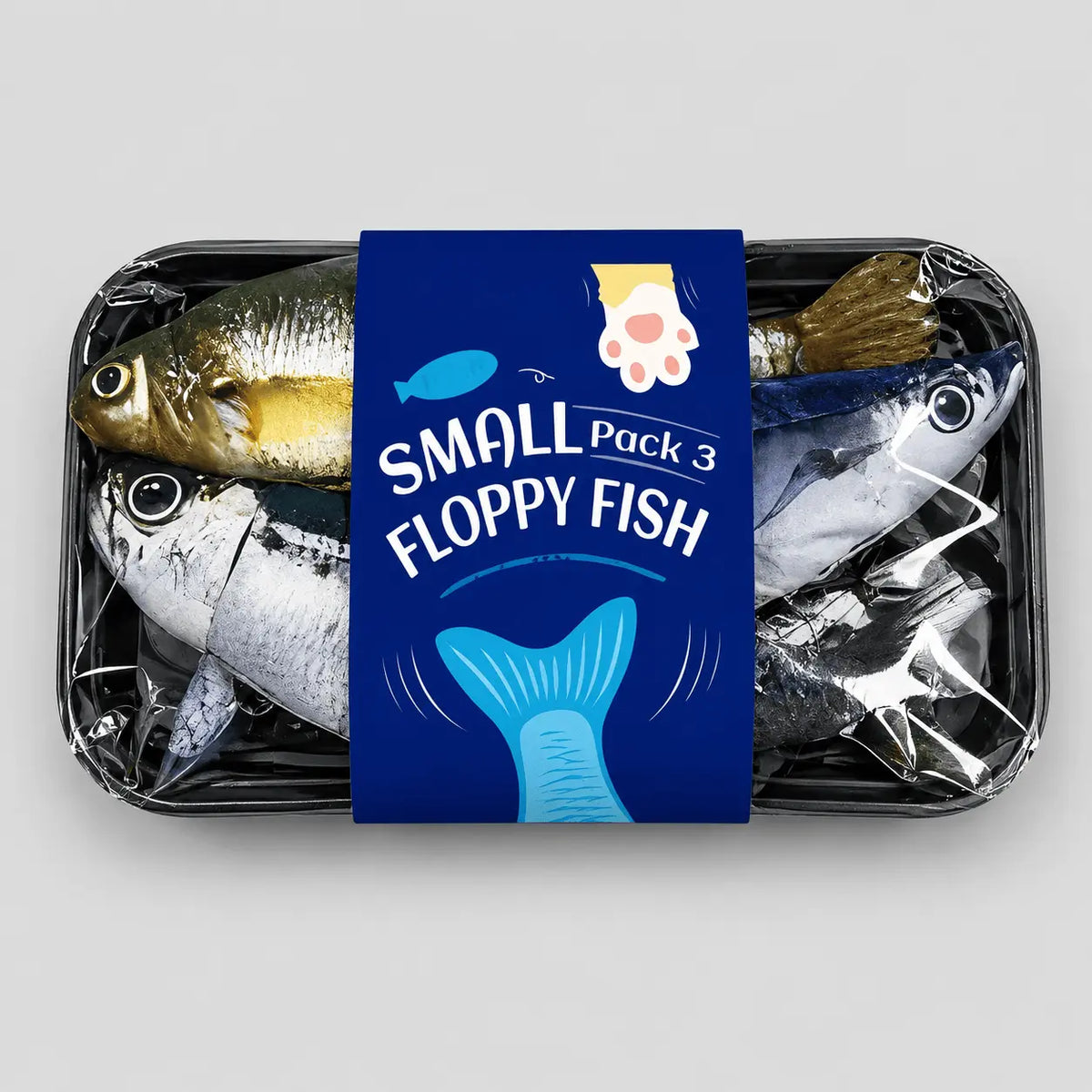 All three flopping fish cat toys in their tray pack, showing the sardine, saury and yellow croaker prints