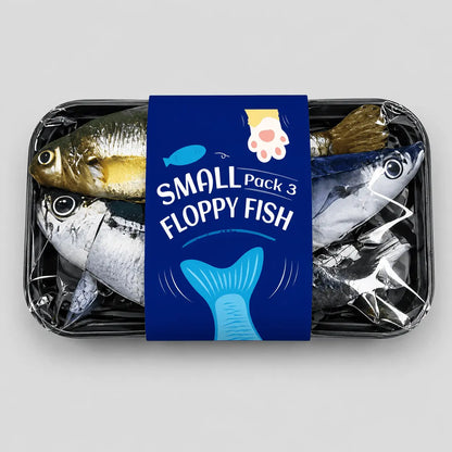 All three flopping fish cat toys in their tray pack, showing the sardine, saury and yellow croaker prints