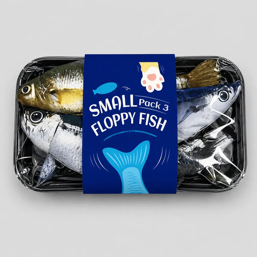 All three flopping fish cat toys in their tray pack, showing the sardine, saury and yellow croaker prints