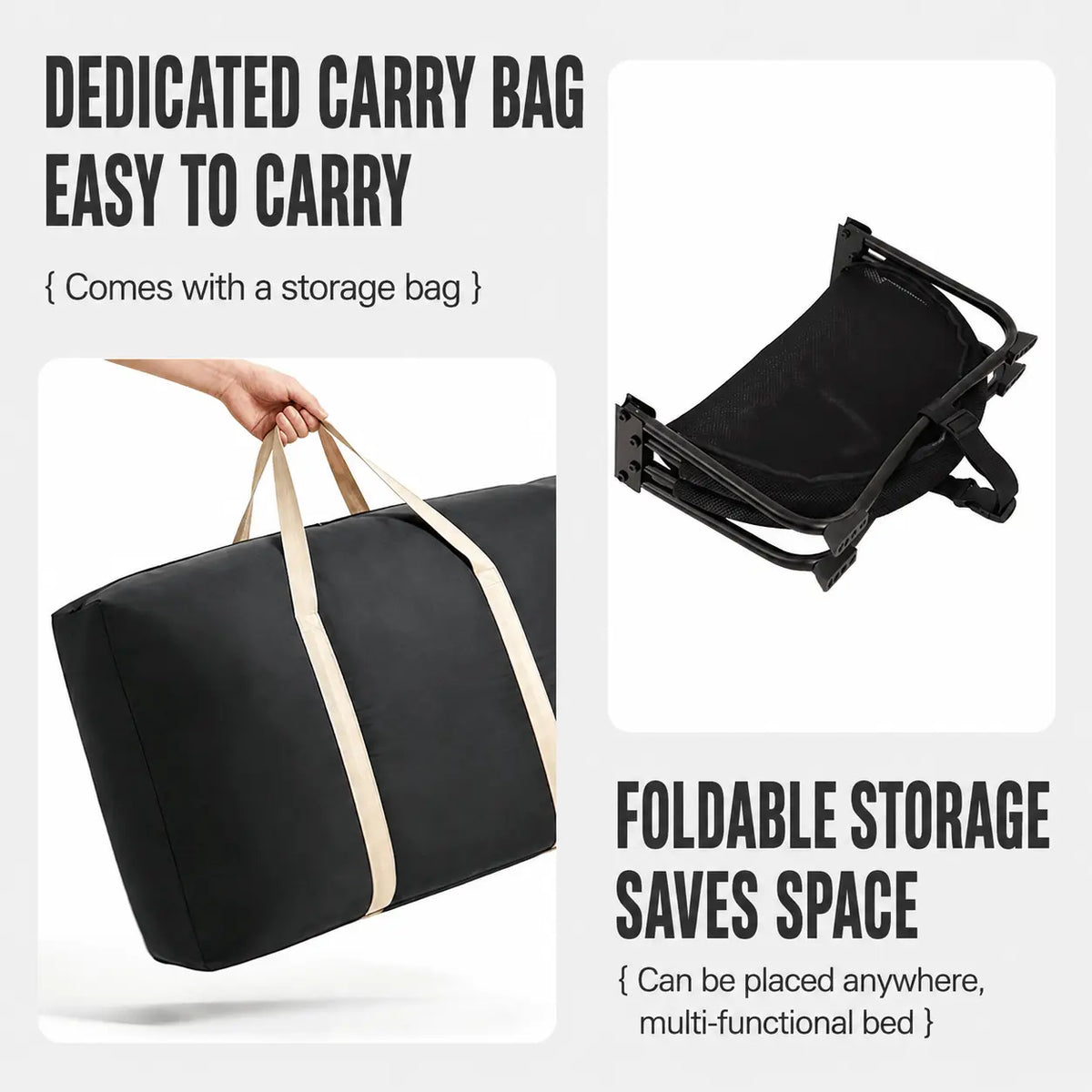 The hammock bed folded flat beside its black carry bag, showing how it collapses for storage and travel