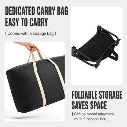 The hammock bed folded flat beside its black carry bag, showing how it collapses for storage and travel
