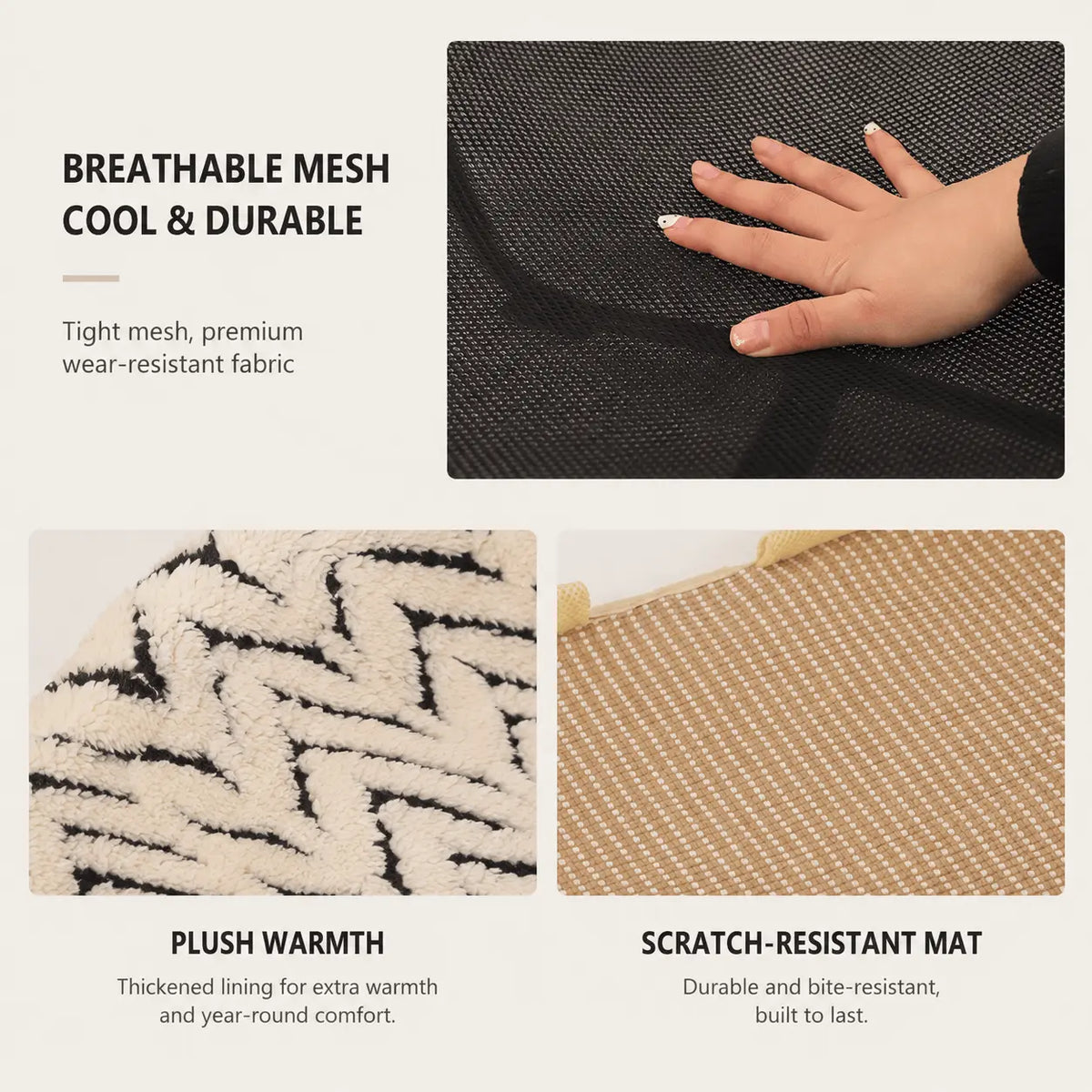 The three top options compared: cool durable breathable mesh, plush warmth with thickened lining, and a scratch-resistant sisal mat