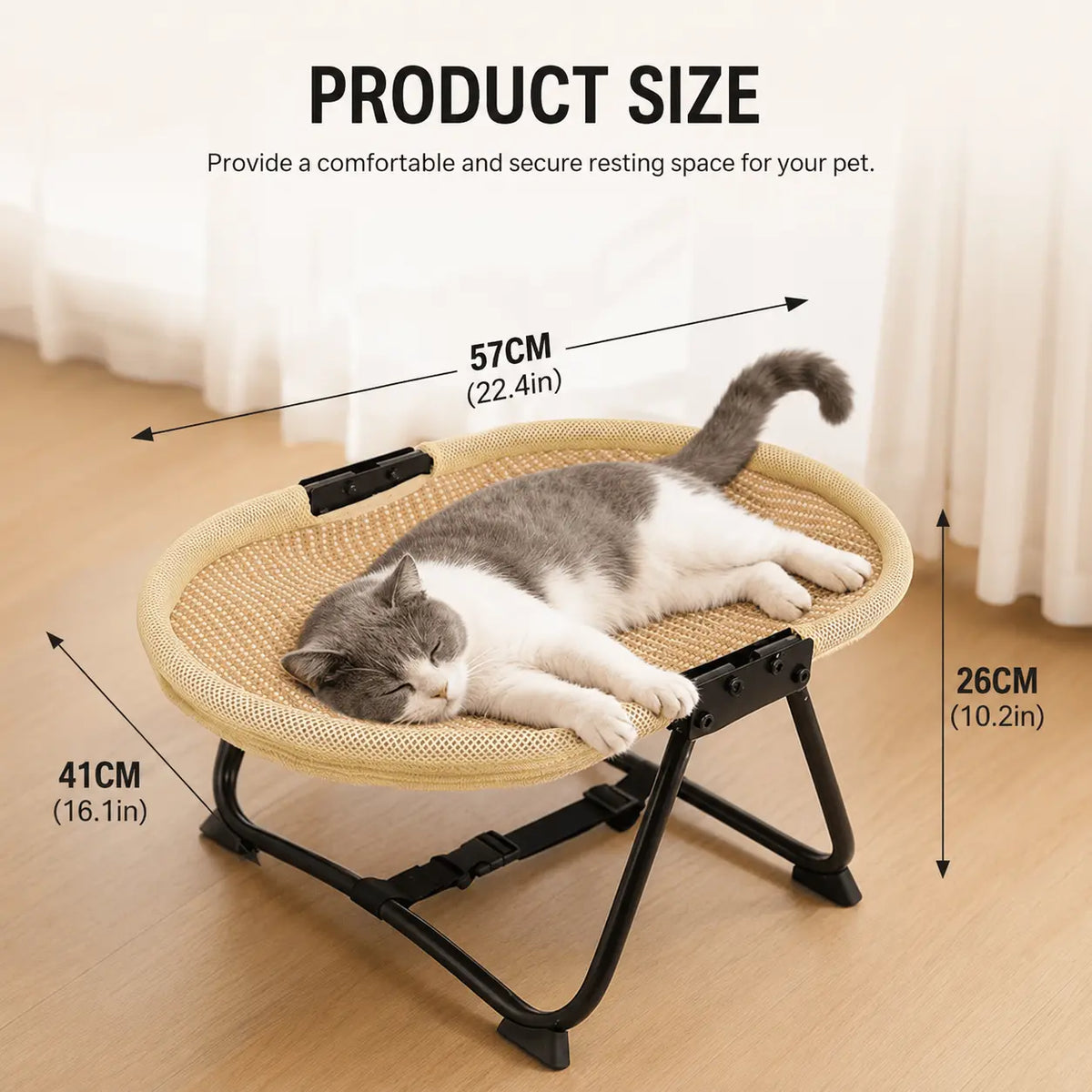 Size diagram of the elevated cat hammock bed showing the width, depth and height of the sisal version with a cat resting on it