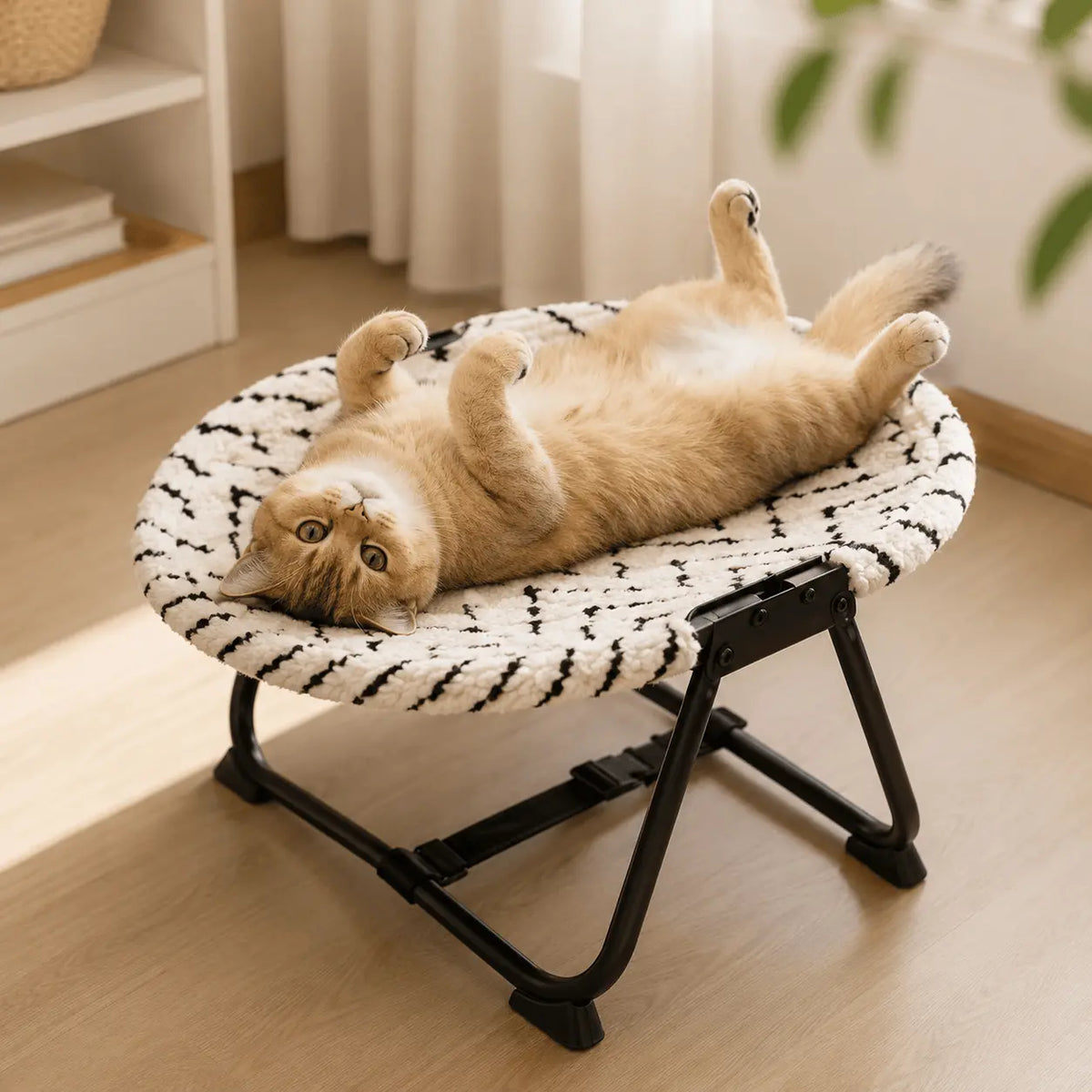 Ginger cat stretched out on the soft plush top of the elevated cat hammock bed in a sunlit living room