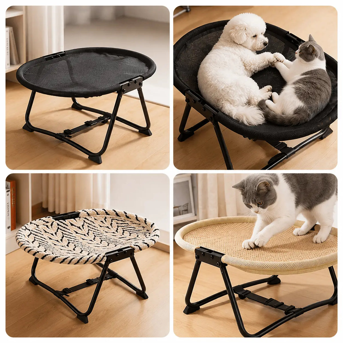 Four views of the hammock bed at home: empty mesh version, a cat and dog resting on mesh, the plush top by a window, and a cat scratching the sisal top