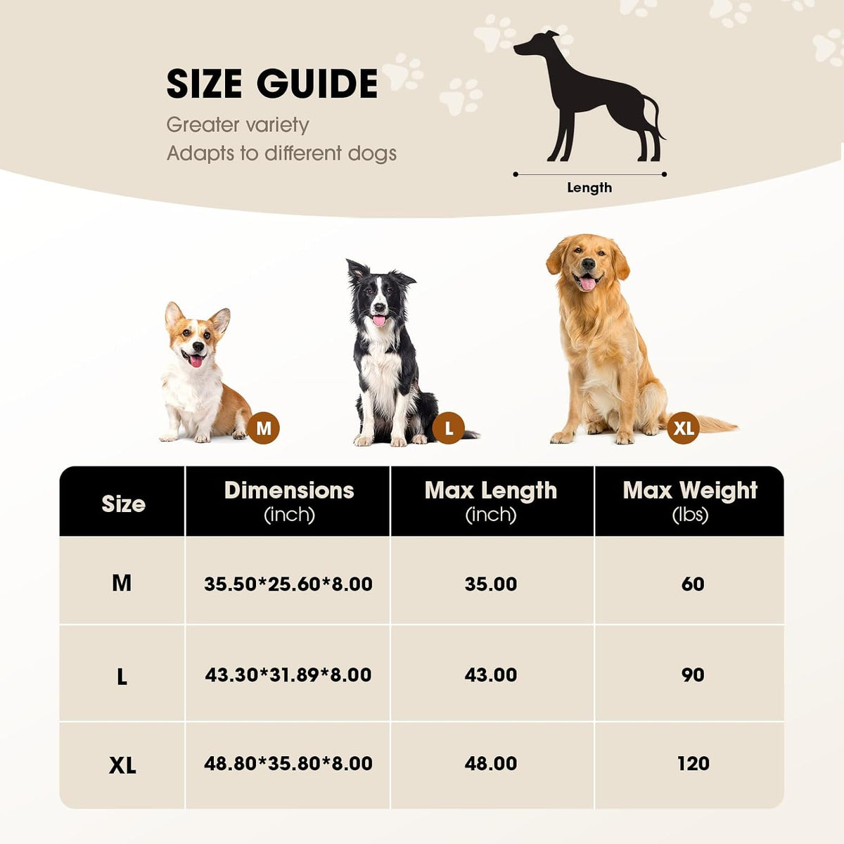 Size guide giving M, L and XL dimensions with maximum dog length and weight limits of 66, 90 and 120 pounds