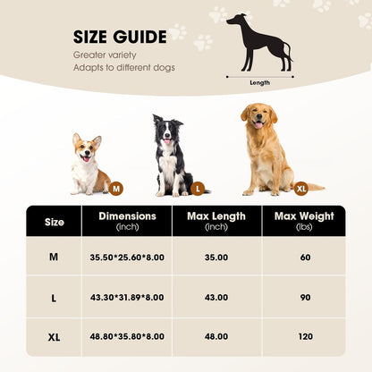 Size guide giving M, L and XL dimensions with maximum dog length and weight limits of 66, 90 and 120 pounds