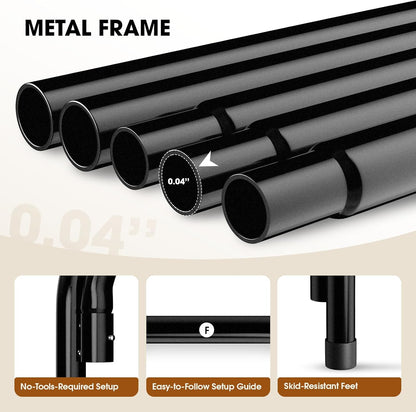 Metal frame panel showing the powder-coated steel tubes, the no-tools setup and the skid-resistant feet