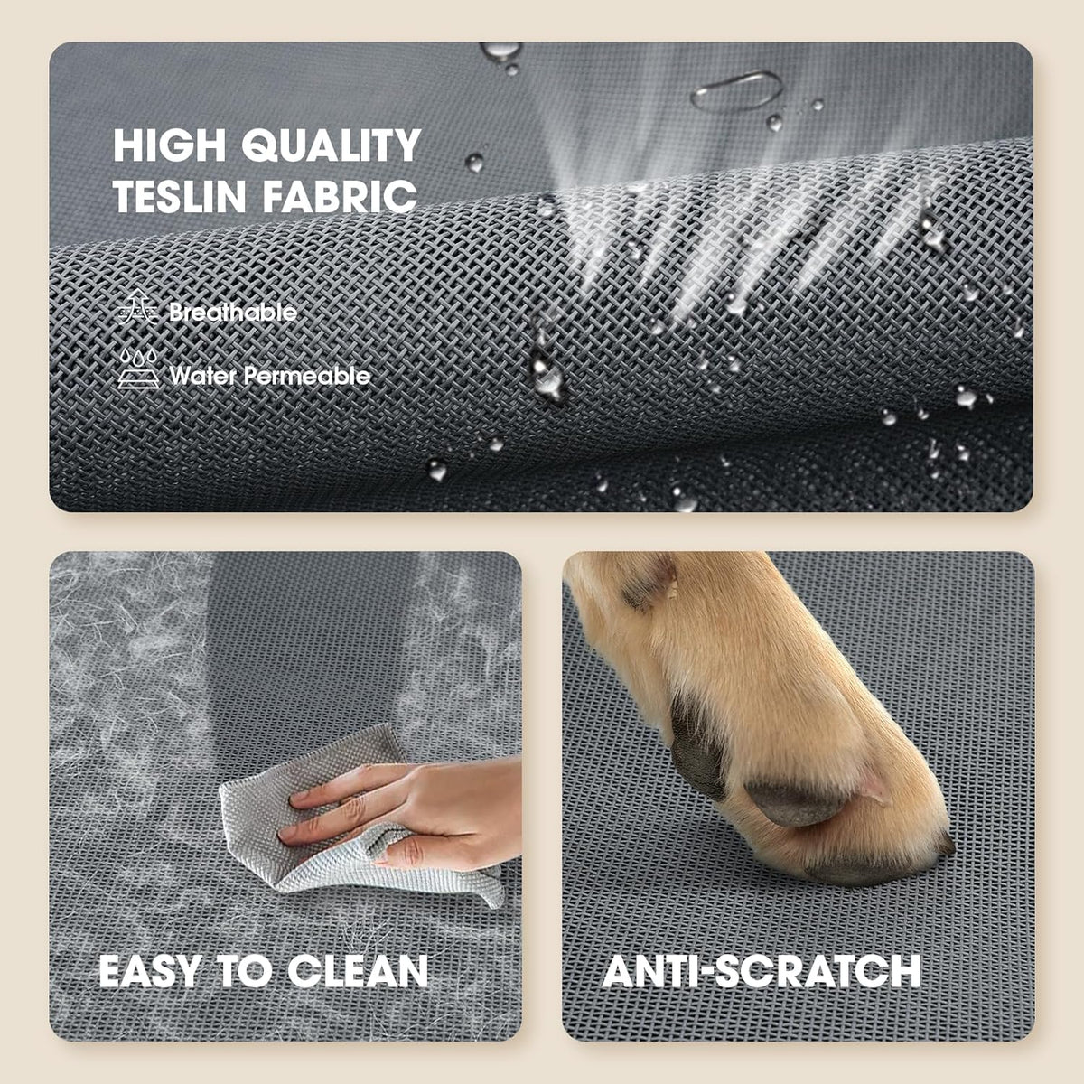 High quality Teslin fabric panel showing the breathable water-permeable weave, easy cleaning and scratch resistance under a paw