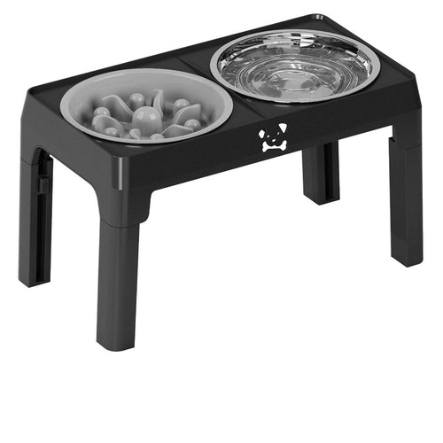 Gray Noblias elevated dog bowls on an adjustable height stand with a slow feeder bowl and a stainless steel bowl.