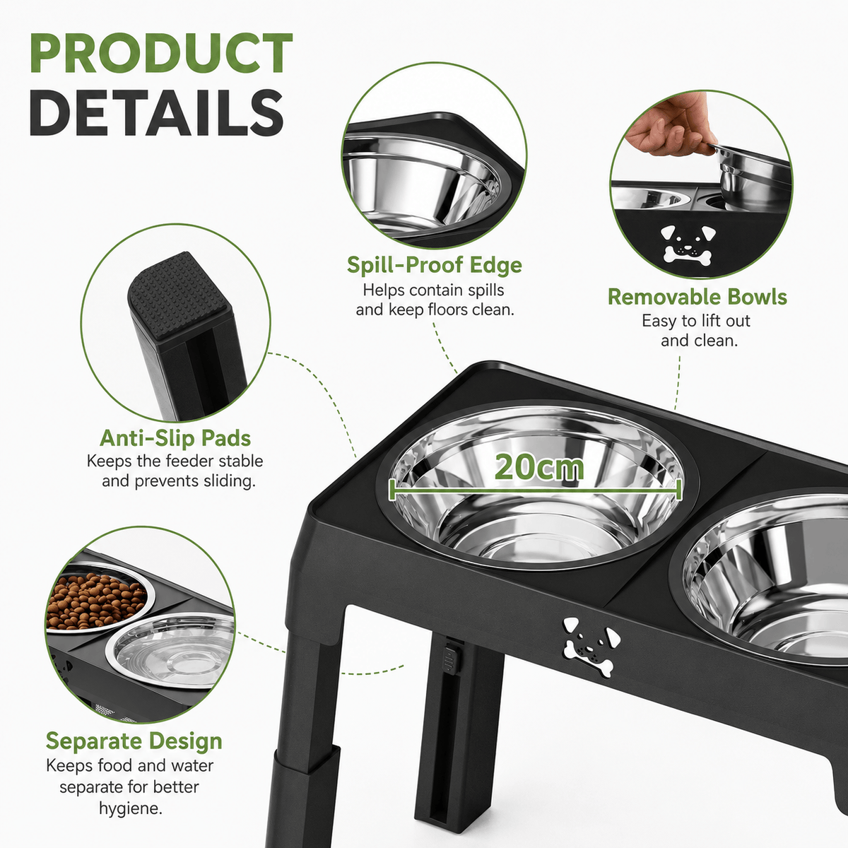 Product details of the Noblias elevated dog bowls showing anti slip pads, spill proof edge, removable 20 cm bowls and separated food and water wells.