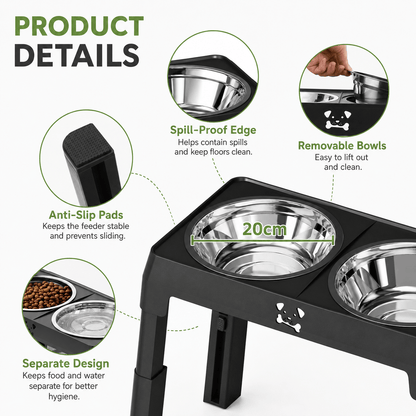 Product details of the Noblias elevated dog bowls showing anti slip pads, spill proof edge, removable 20 cm bowls and separated food and water wells.
