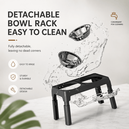 Stainless steel bowls lifted out of the Noblias elevated dog bowl rack for washing.
