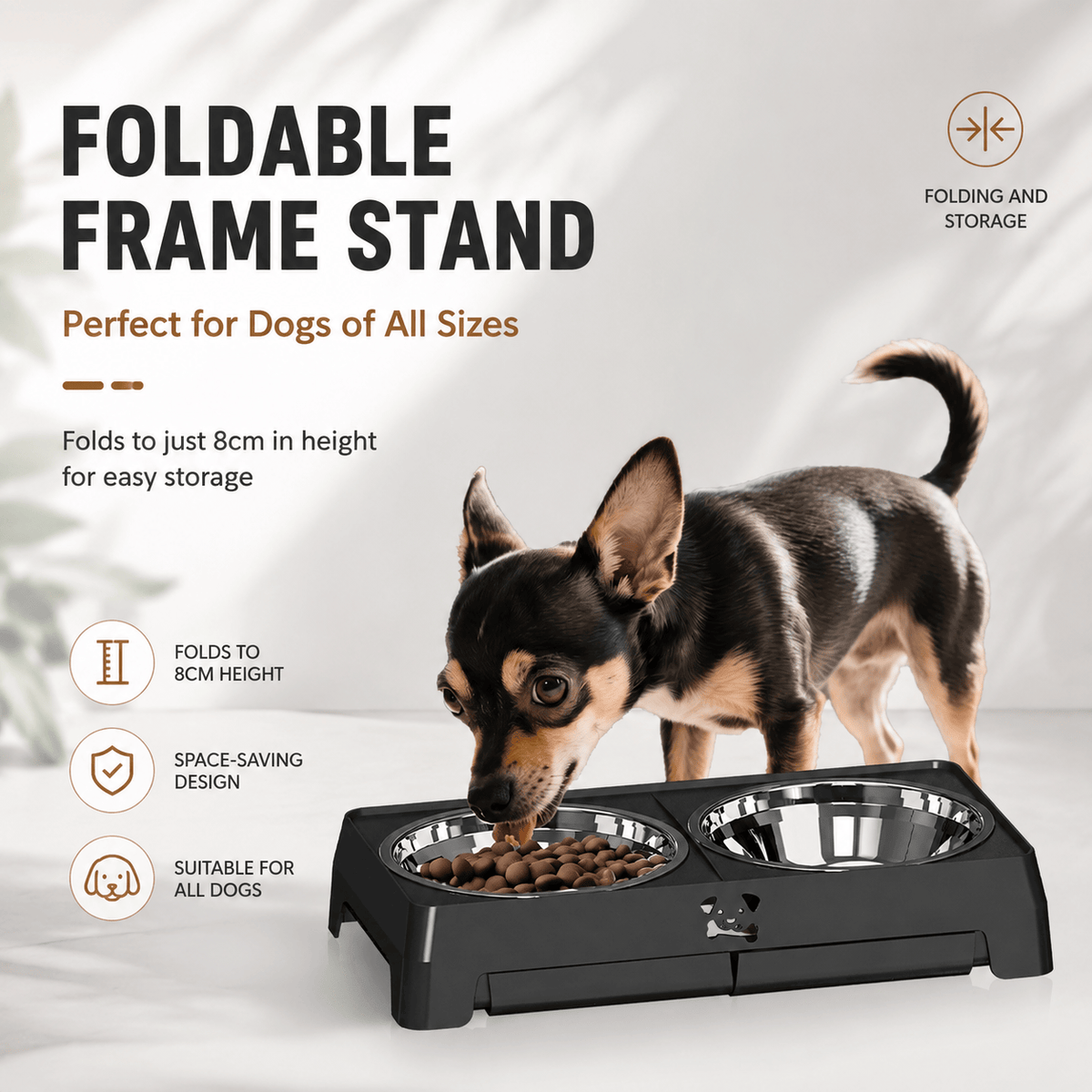 Noblias elevated dog bowl stand folded down flat for storage with a small dog eating from it.