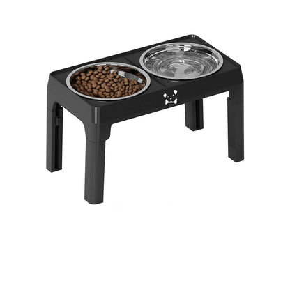 Side view of the gray Noblias elevated dog bowl stand showing the telescoping legs and wide base.