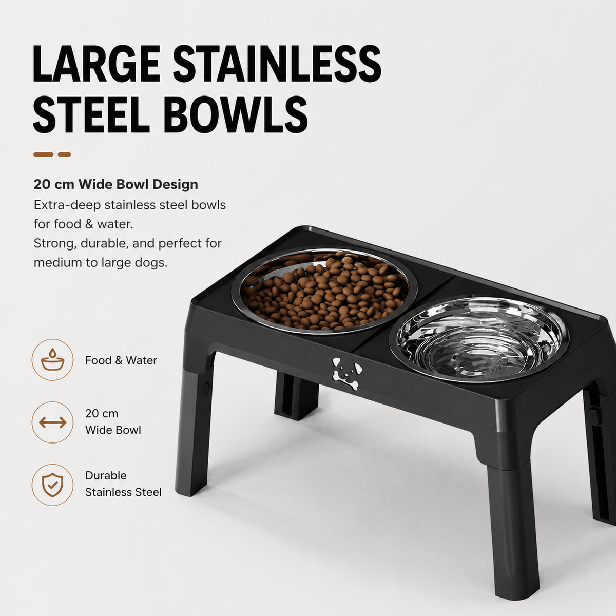 Two large 20 cm extra deep stainless steel bowls seated in the Noblias elevated dog bowl stand.