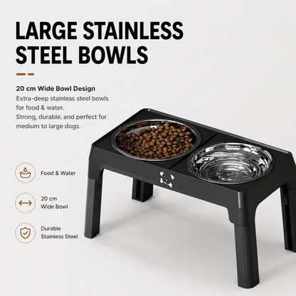 Two large 20 cm extra deep stainless steel bowls seated in the Noblias elevated dog bowl stand.