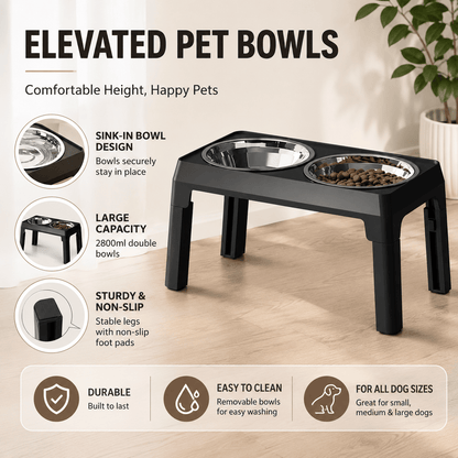 Overview of the Noblias elevated pet bowls showing the sink in bowl design, stable legs and removable stainless steel bowls.