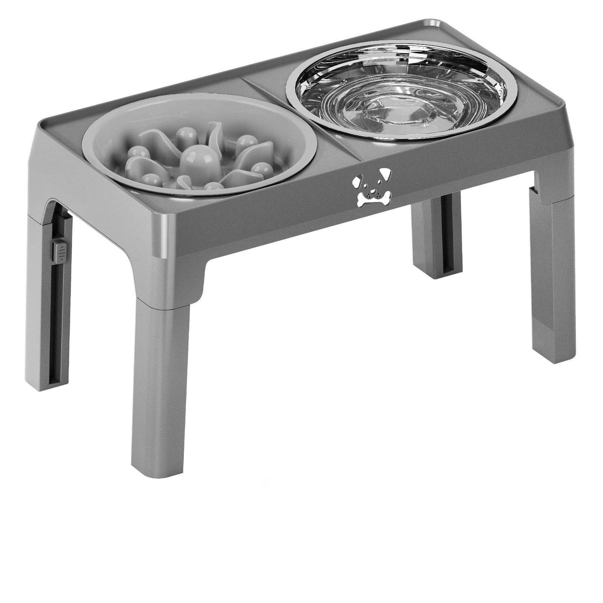 Noblias elevated dog bowl stand holding one slow feeder bowl and one stainless steel bowl side by side.