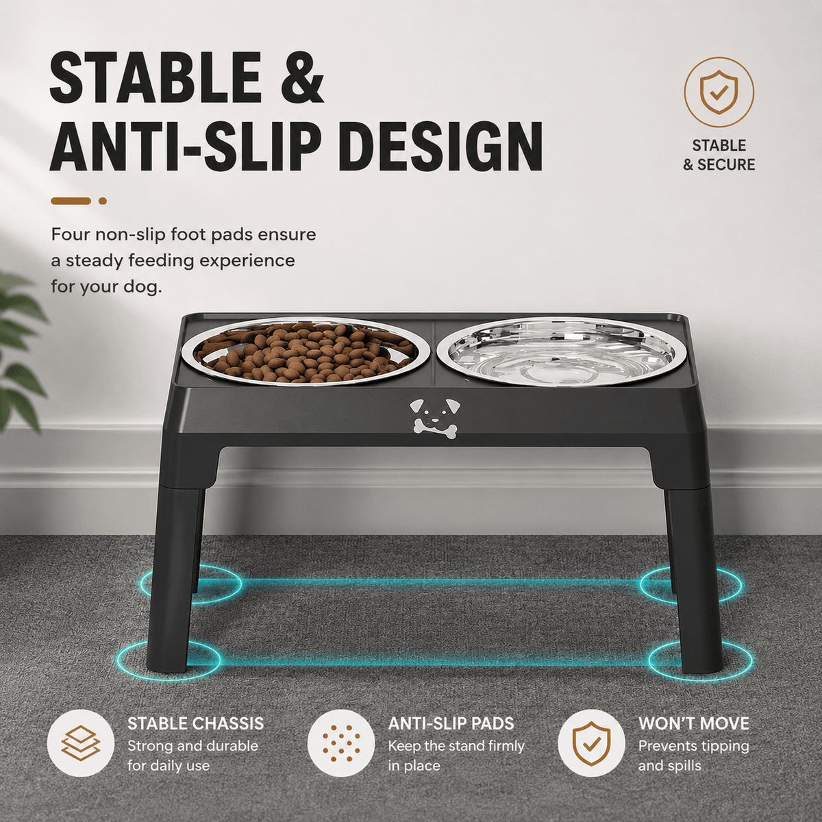 Black Noblias elevated dog bowl stand with four non slip foot pads keeping the frame steady on carpet.