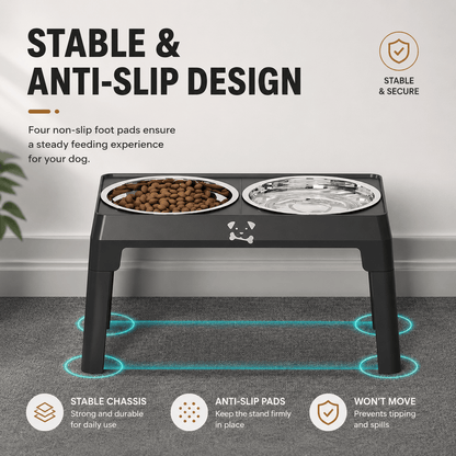Black Noblias elevated dog bowl stand with four non slip foot pads keeping the frame steady on carpet.