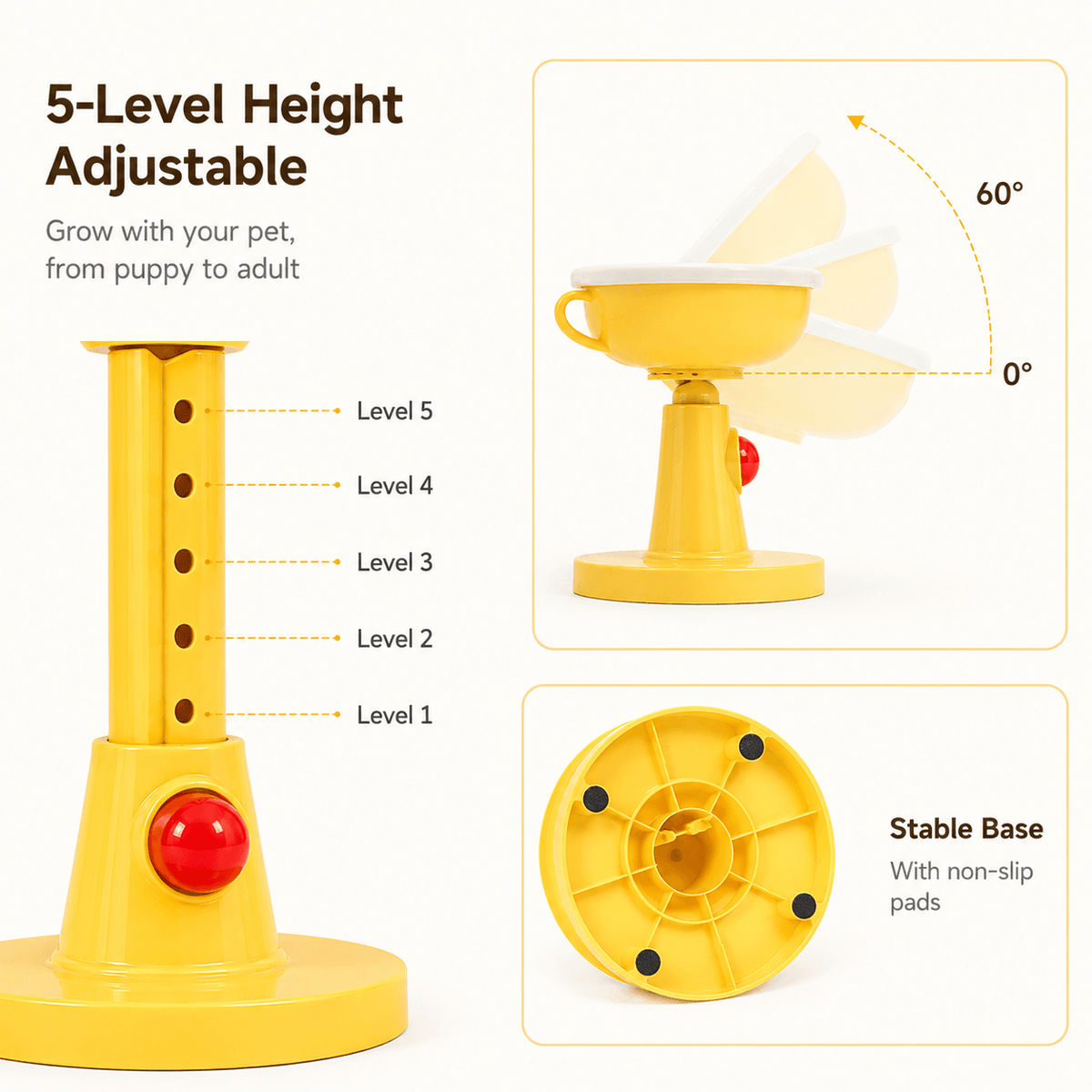 The bowl post marked with five height levels beside insets of the tilt range and the pads on the base.