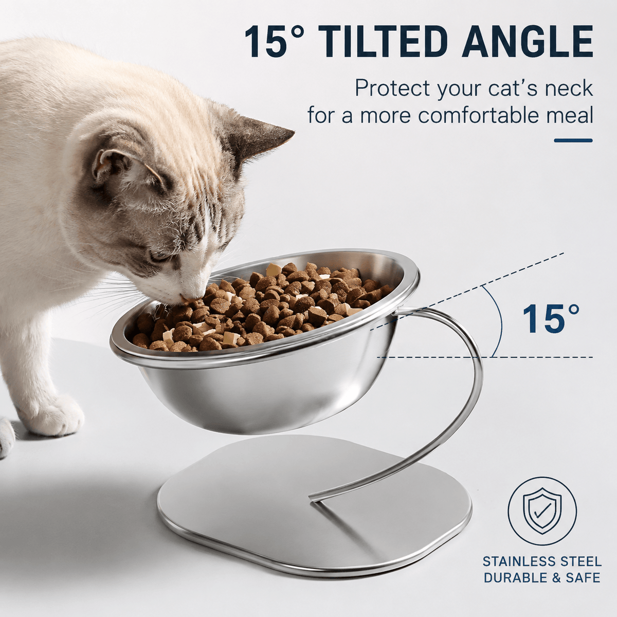Fifteen degree tilt panel showing a white cat eating from the angled steel bowl with the slope marked