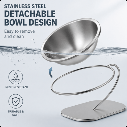 Detachable bowl panel showing the steel dish lifted out of the wire stand for washing, marked rust resistant