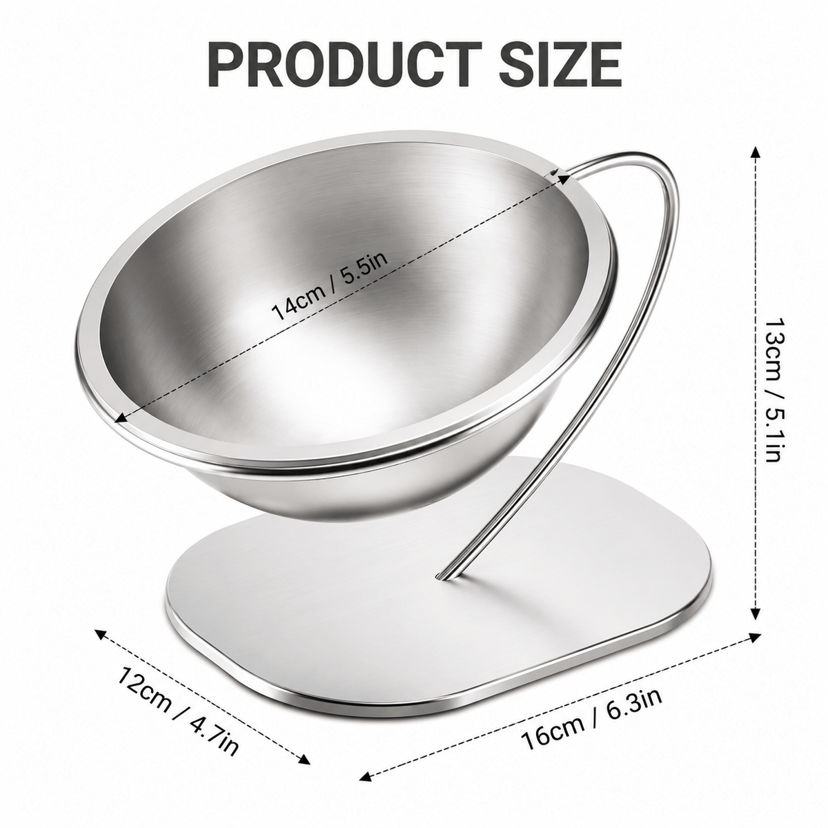 Product size panel giving the 14 cm bowl diameter and the 13 cm overall height of the stand