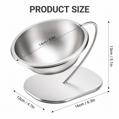 Product size panel giving the 14 cm bowl diameter and the 13 cm overall height of the stand