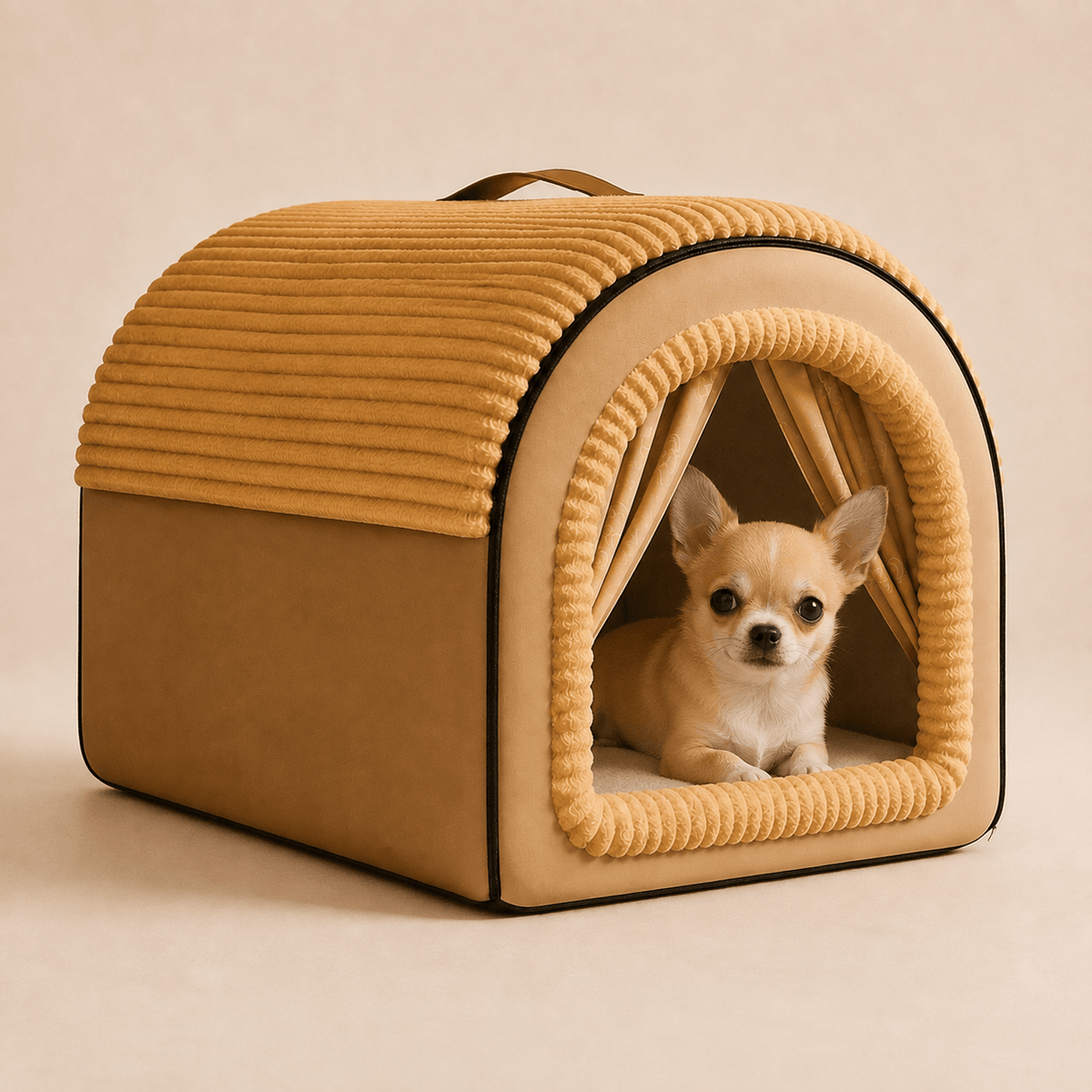 Chihuahua sitting inside the enclosed dog bed with the curtains tied back