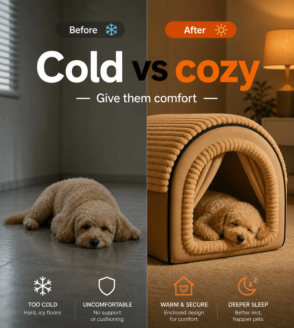 Dog lying on a bare floor beside the same dog sleeping inside the enclosed dog bed