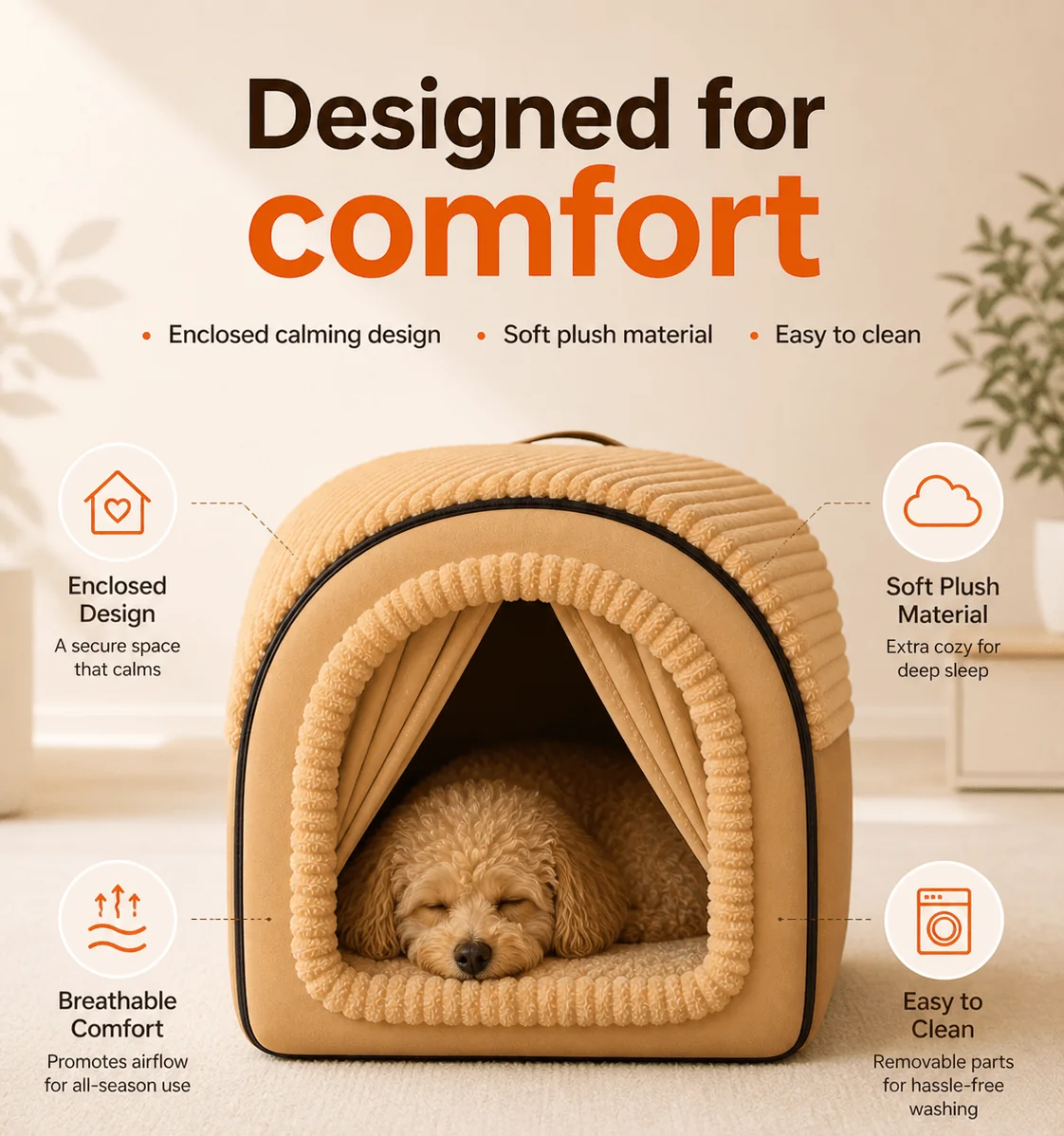 Dog curled up asleep on the soft cushioned floor of the enclosed dog bed
