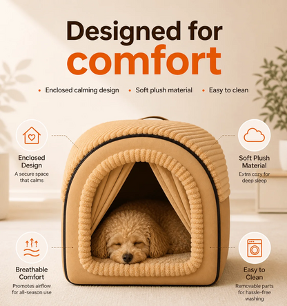 Dog curled up asleep on the soft cushioned floor of the enclosed dog bed