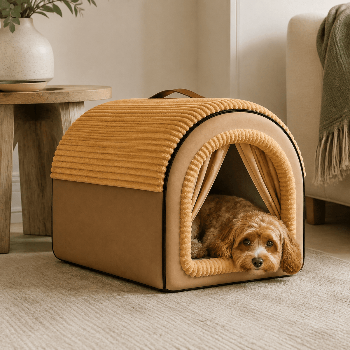 Curly-coated dog resting inside the enclosed dog bed in a bright living room