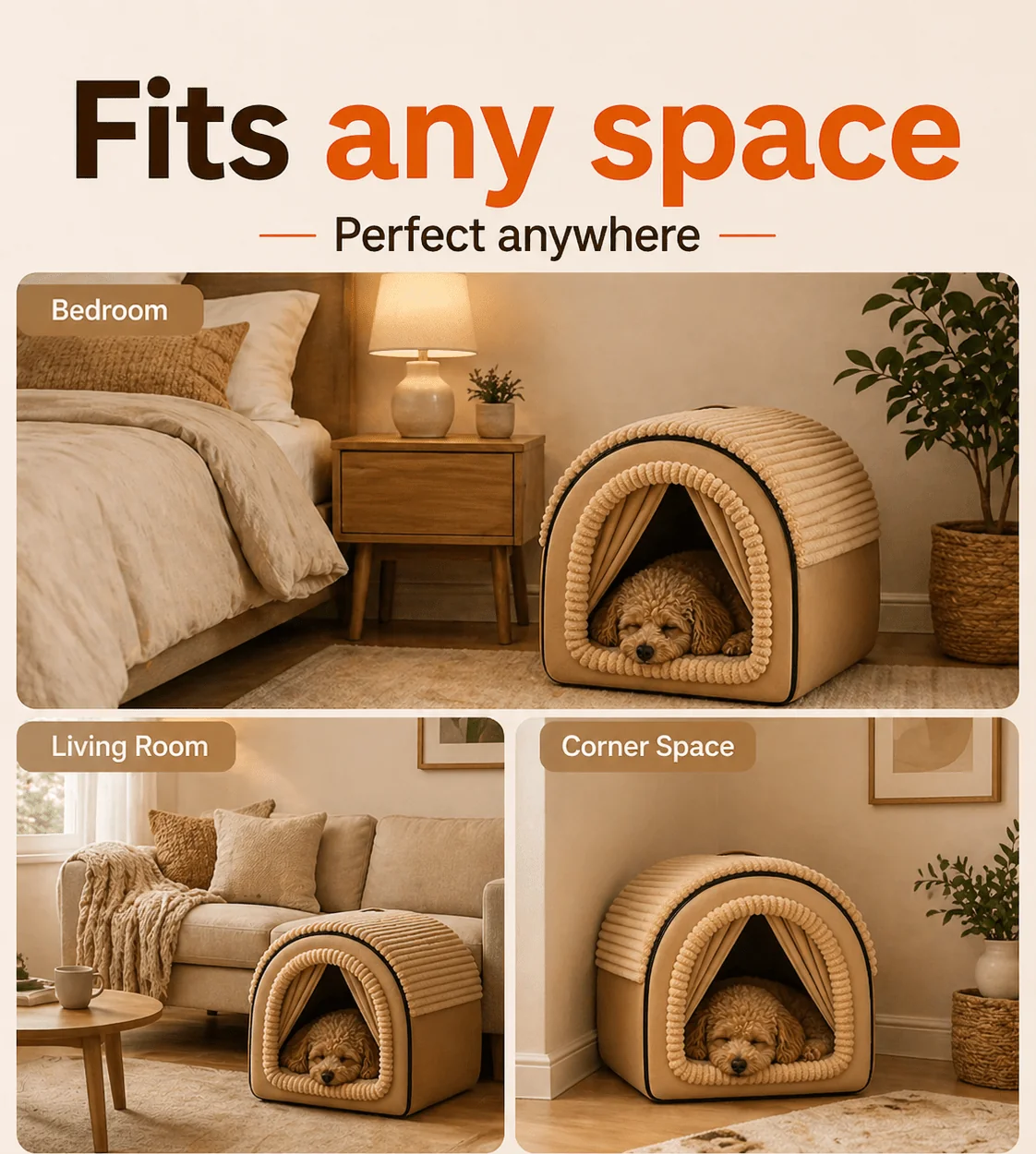 Enclosed dog bed placed in a bedroom, a living room and a corner space