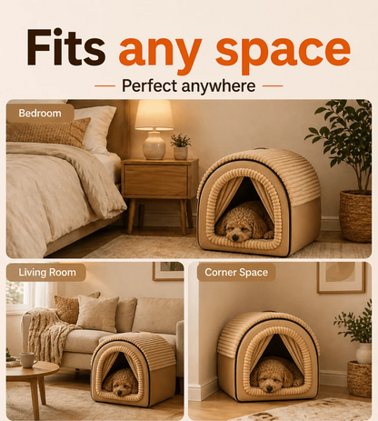 Enclosed dog bed placed in a bedroom, a living room and a corner space