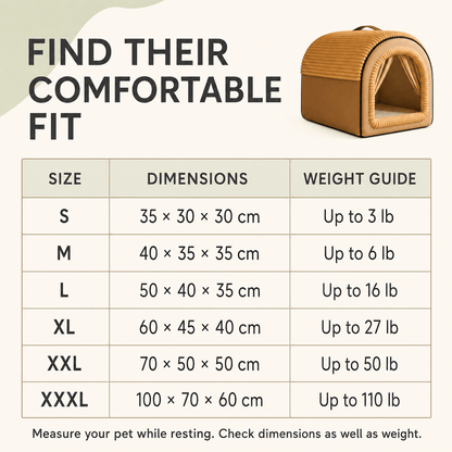 Enclosed dog bed size chart with dimensions and a weight guide from S to XXXL